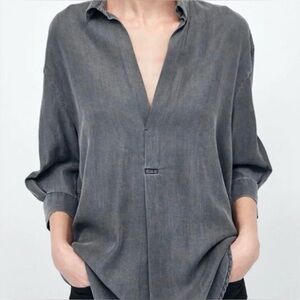 Zara Premium Denim Collection Shirt Blouse 100% Lyocell V-Neck Size M
